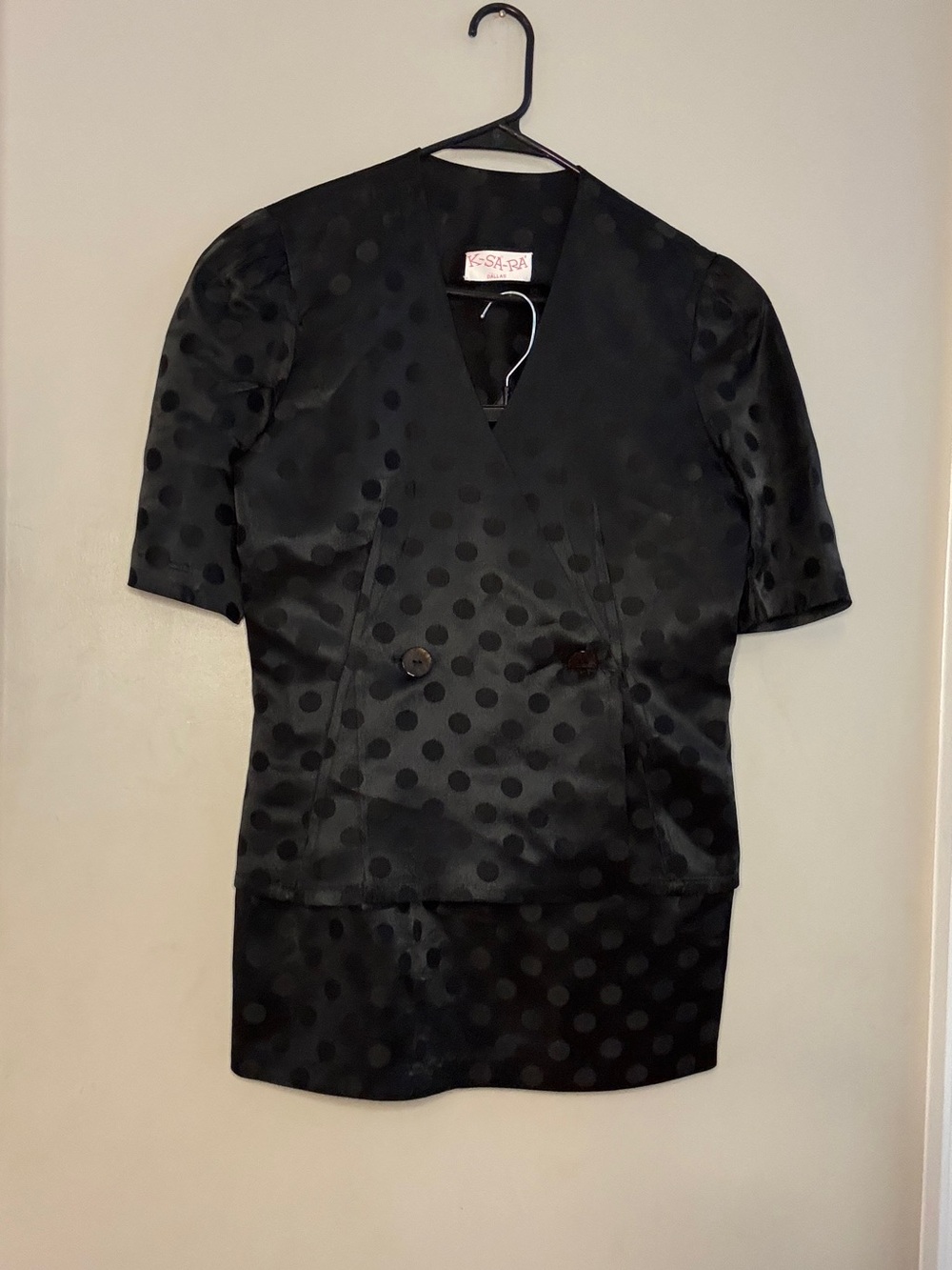 K-Sa-Ra Black Polka Dot Satin Button-Front Shirt and skirt Set
